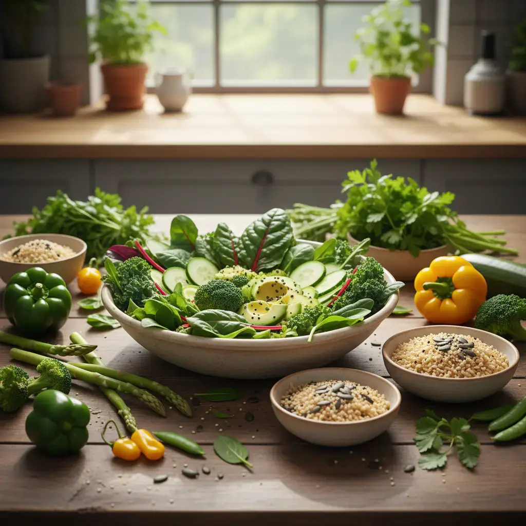 Fresh green vegetables and healthy grains