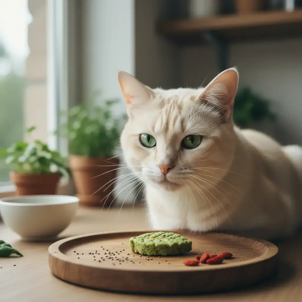 Healthy cat looking at a vegan treat