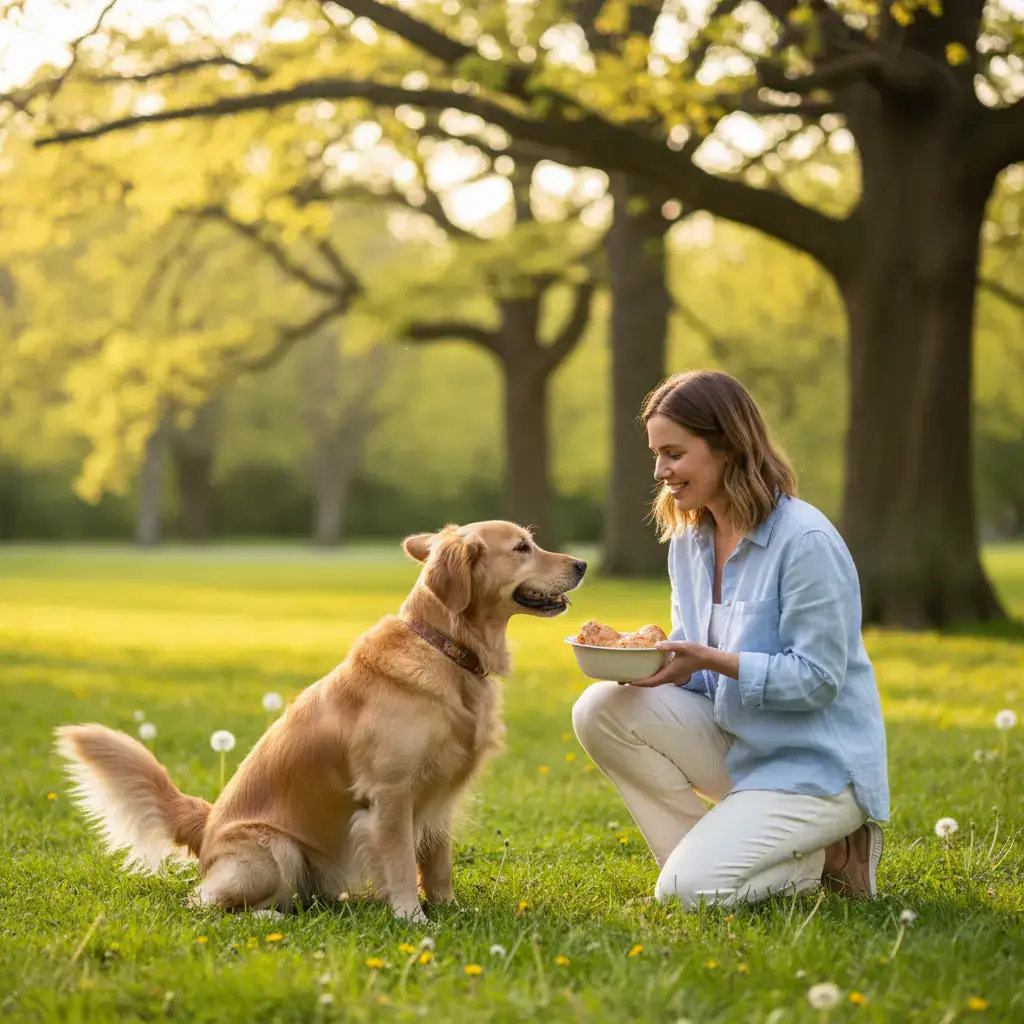 Pet owner feeding dog
