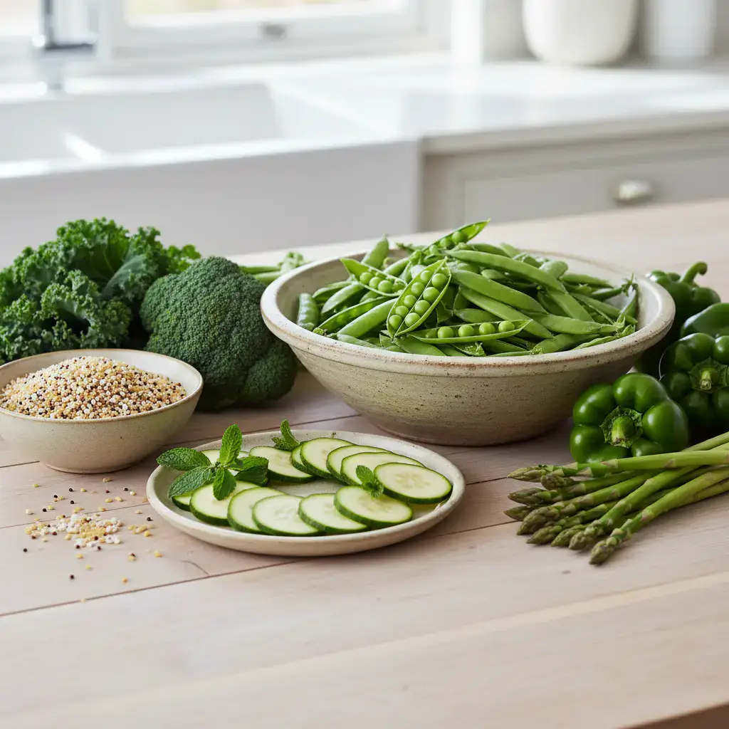 Fresh green vegetables and healthy grains