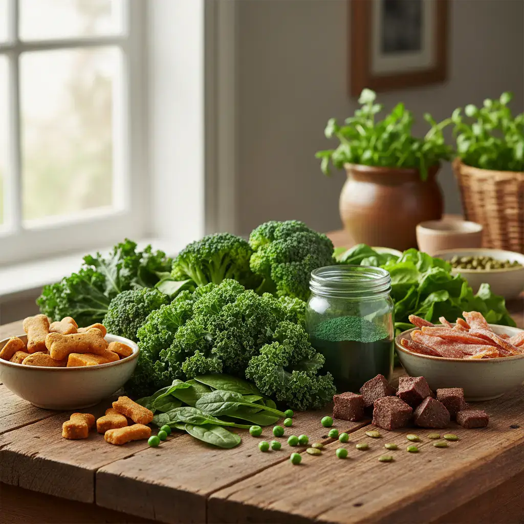 Fresh green vegetables and healthy pet treats